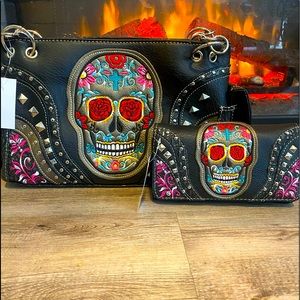 Concealed Carry Sugar Skull Embroidery Studded Shoulder Bag w/ wallet bundle